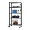 A black, five-tier wire shelving unit on wheels is shown against a white background. The shelves hold various fitness-related items, including a yoga mat, cooler, water bottles, dumbbells, and a basket of sports balls.