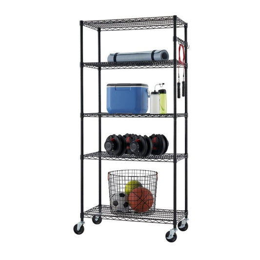 A black, five-tier wire shelving unit on wheels is shown against a white background. The shelves hold various fitness-related items, including a yoga mat, cooler, water bottles, dumbbells, and a basket of sports balls.
