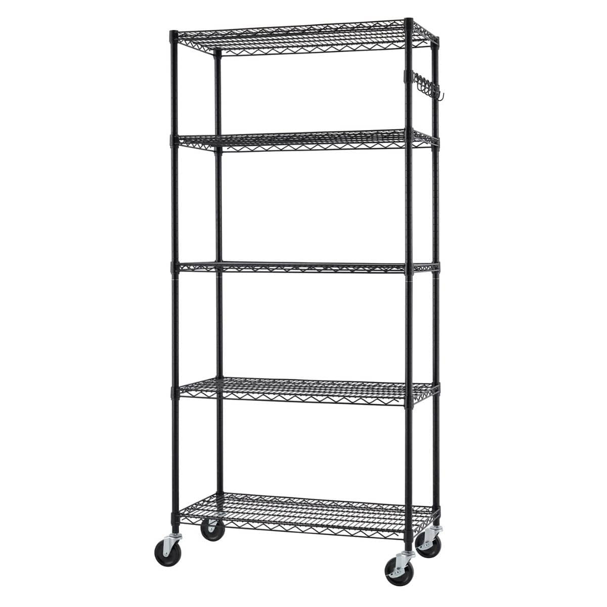 A black, five-tier, rolling steel wire garage storage shelving unit. It is identified as a Trinity unit.