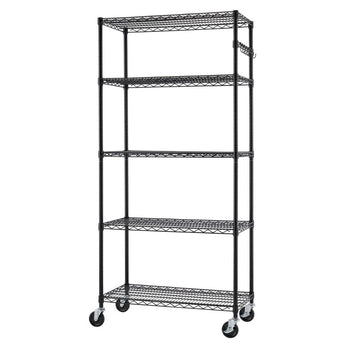 A black, five-tier, rolling steel wire garage storage shelving unit. It is identified as a Trinity unit.