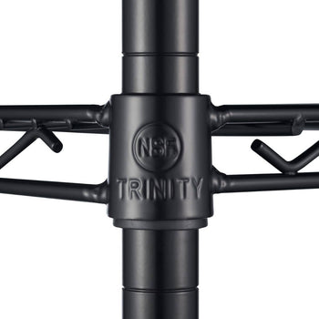 A close-up shot shows the black metal connector piece of a wire shelving unit. The connector has the 