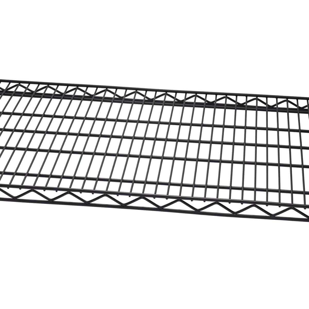 A close-up shows a section of a black wire shelf against a white background. The grid pattern of the shelf is visible, highlighting its construction.