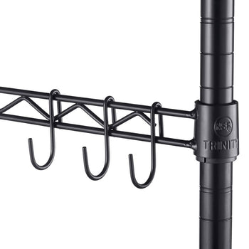 A close-up shows a section of black wire shelving with a sidebar featuring three hanging hooks. The 