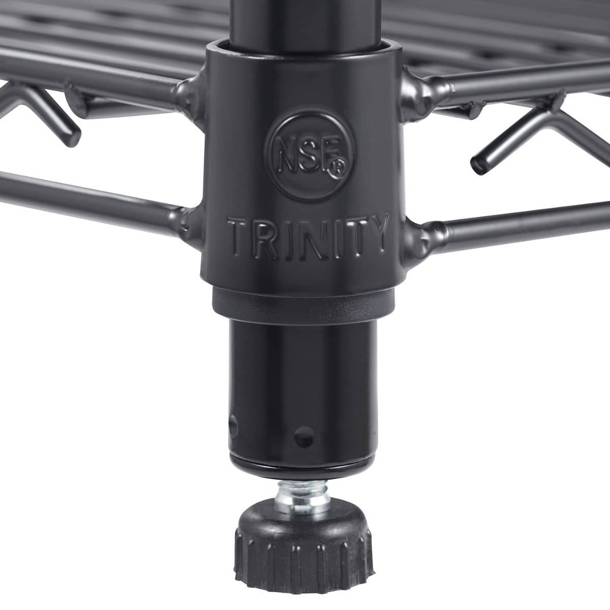 A close-up shows the black metal support structure of a Trinity shelving unit. The adjustable leveling foot with a textured black knob is visible at the bottom of the pole, along with the "TRINITY" brand name and an "NSF" mark stamped on the connector piece.