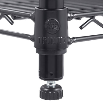 A close-up shows the black metal support structure of a Trinity shelving unit. The adjustable leveling foot with a textured black knob is visible at the bottom of the pole, along with the 