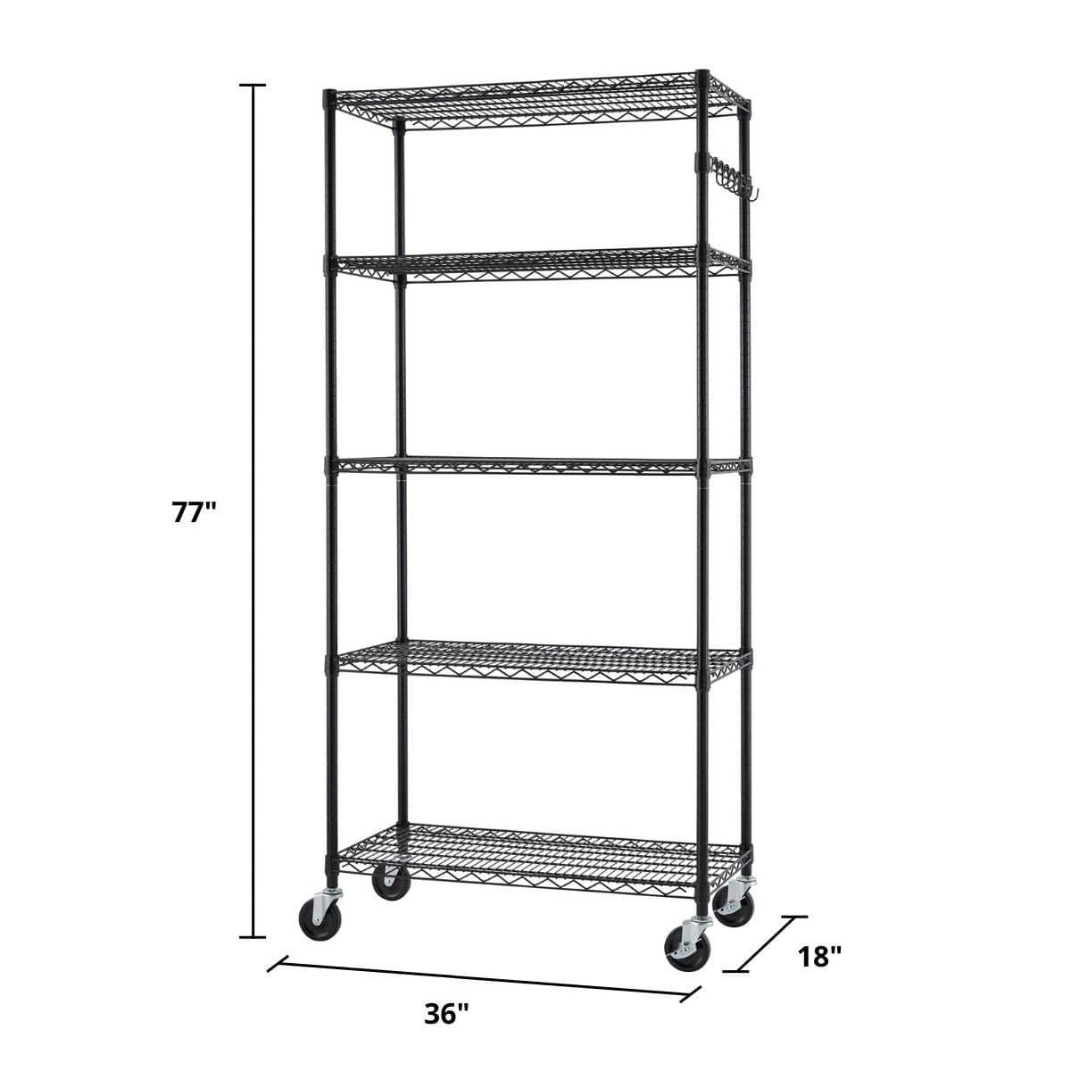 A tall, black, five-tier wire shelving unit with wheels is shown against a white background. Dimension labels indicate the unit is 77 inches tall, 36 inches wide, and 18 inches deep.