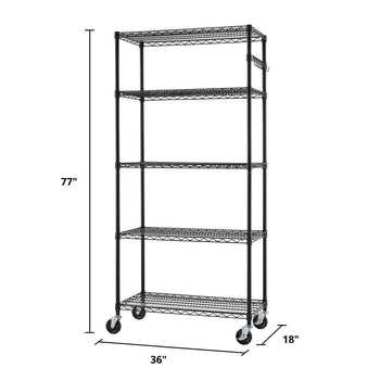 A tall, black, five-tier wire shelving unit with wheels is shown against a white background. Dimension labels indicate the unit is 77 inches tall, 36 inches wide, and 18 inches deep.