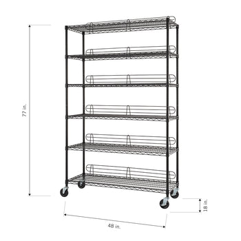 Black metal wire shelving unit with six adjustable shelves and guardrails, supported by four caster wheels. The unit measures 77 inches tall, 48 inches wide, and 18 inches deep.