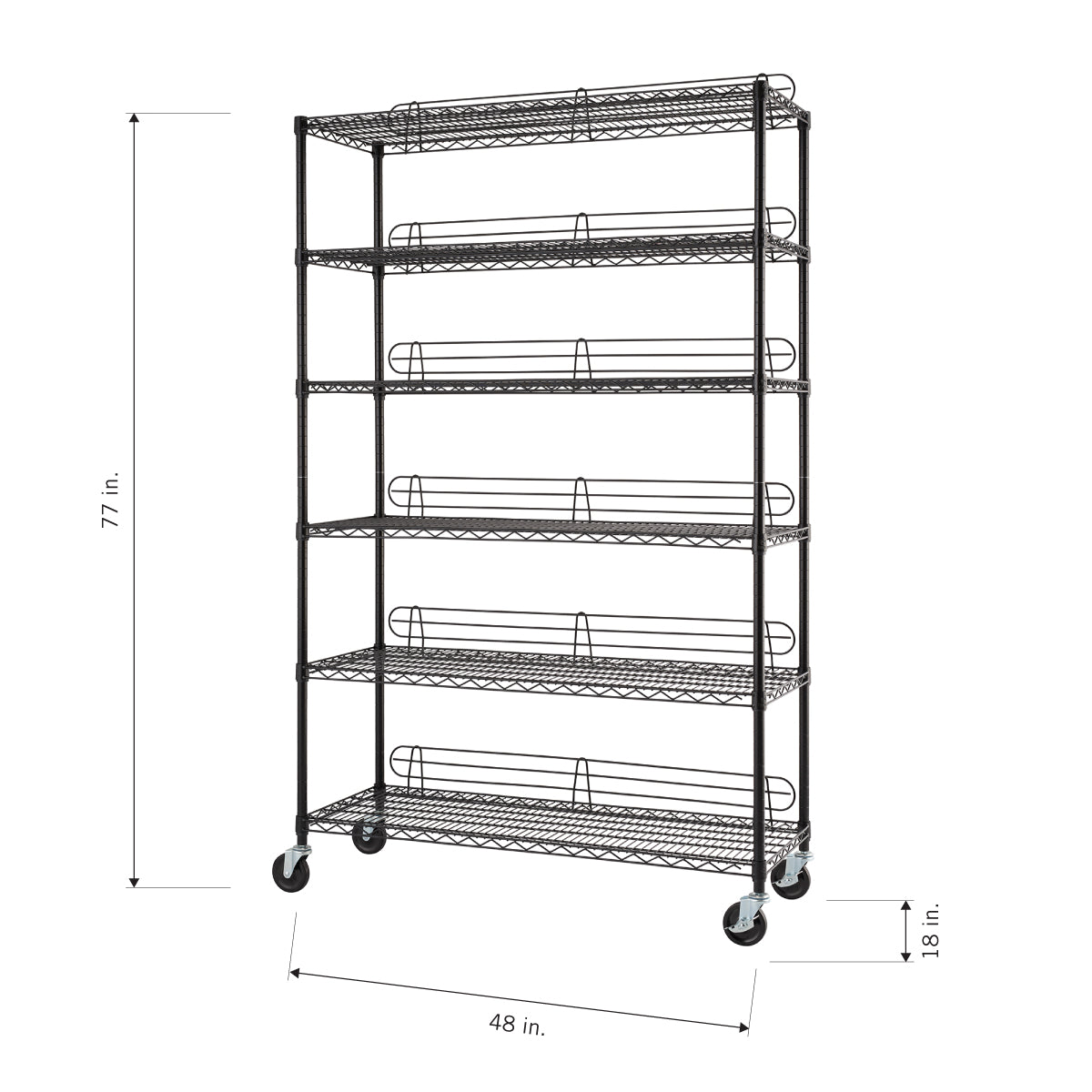 Black metal wire shelving unit with six adjustable shelves and guardrails, supported by four caster wheels. The unit measures 77 inches tall, 48 inches wide, and 18 inches deep.