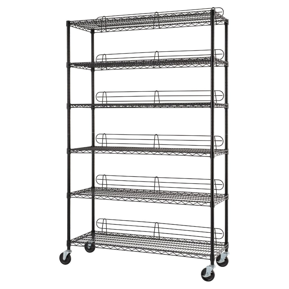 A black, six-tier wire shelving unit with wheels and backstands. It appears to be the Trinity 6-Tier Adjustable Wire Shelving.