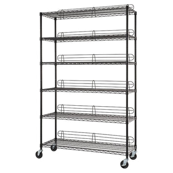 A black, six-tier wire shelving unit with wheels and backstands. It appears to be the Trinity 6-Tier Adjustable Wire Shelving.