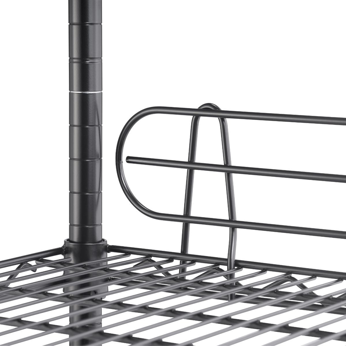 A close-up shows a section of a black, six-tier wire shelving unit. A curved backstand with horizontal bars prevents items from falling off the back of one of the shelves.