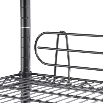 A close-up shows a section of a black, six-tier wire shelving unit. A curved backstand with horizontal bars prevents items from falling off the back of one of the shelves.