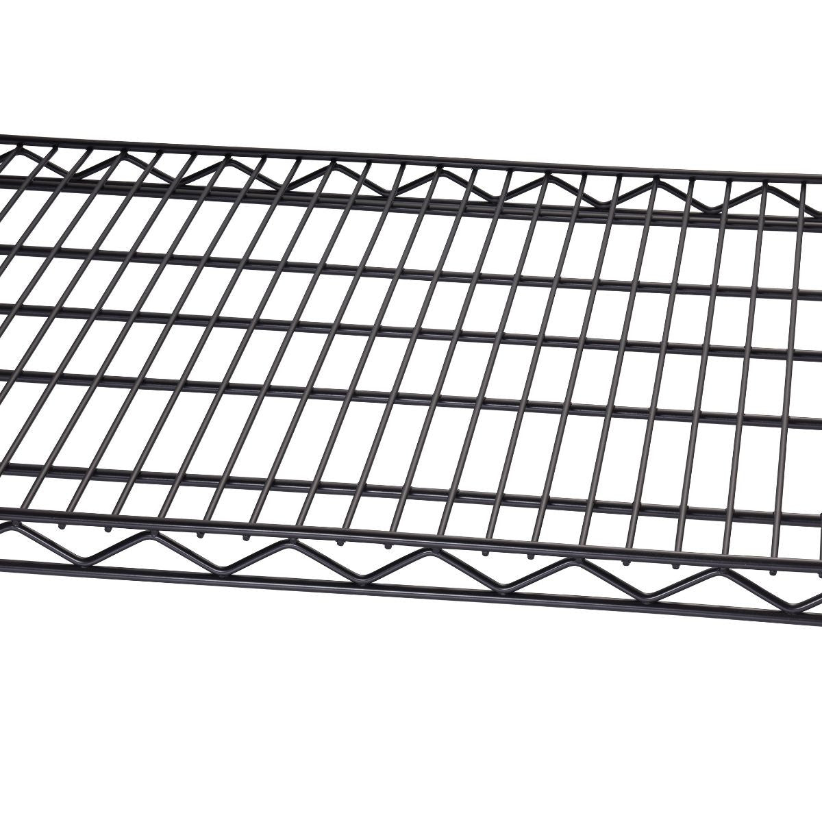 A close-up shows a section of a black wire shelving unit, likely part of a larger storage system. The grid pattern of the shelf is visible, constructed from horizontal and vertical wires supported by a wavy underframe.