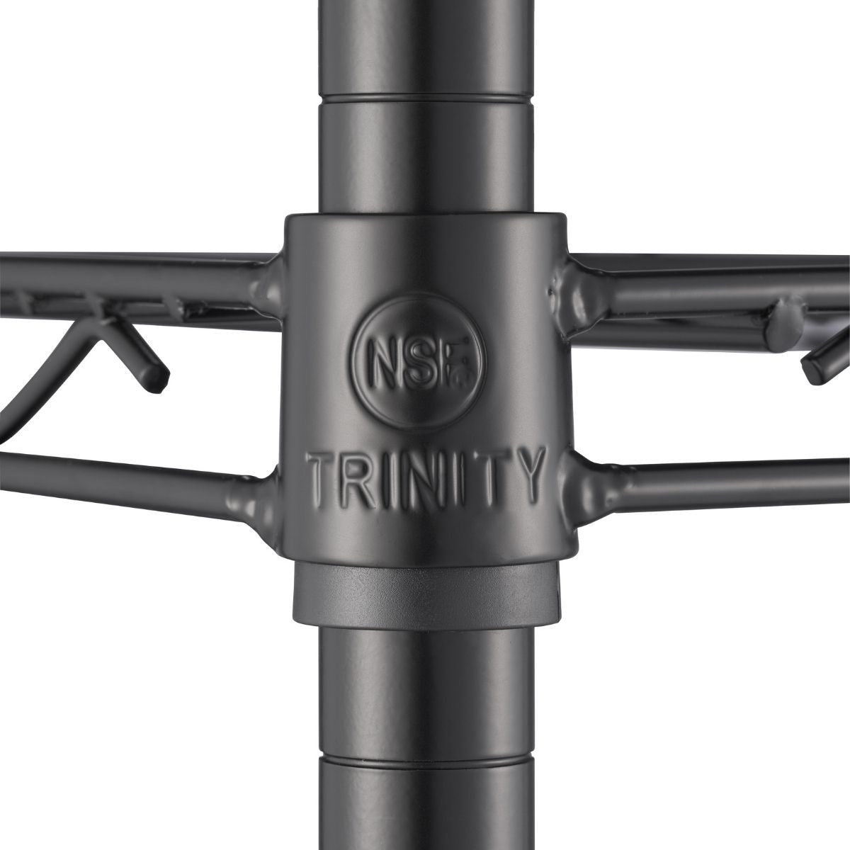 Close-up of a dark gray metal shelving unit's shelf support. The support features the "NSF" logo in an oval and the word "TRINITY" embossed below it.