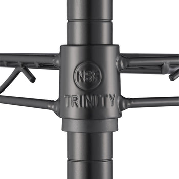 Close-up of a dark gray metal shelving unit's shelf support. The support features the 