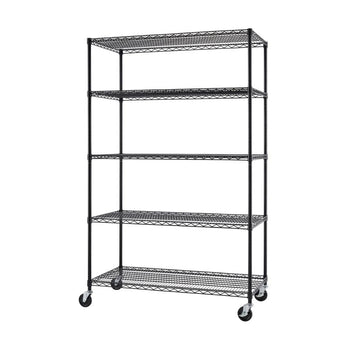A tall, black wire shelving unit with five tiers stands on wheels against a white background. The shelving unit has an open design, allowing visibility through the shelves.