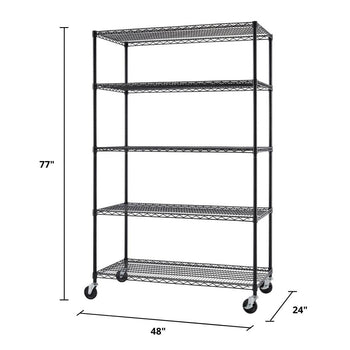 A black, five-tier wire shelving unit with wheels is shown against a white background. Dimension labels indicate the unit is 77 inches tall, 48 inches wide, and 24 inches deep.
