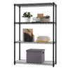 A black, four-tier wire shelving unit stands against a white background, holding various household items. The shelves contain a potted plant, office supplies, books, mail organizers, and a fabric storage box.