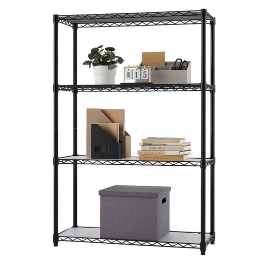 A black, four-tier wire shelving unit stands against a white background, holding various household items. The shelves contain a potted plant, office supplies, books, mail organizers, and a fabric storage box.