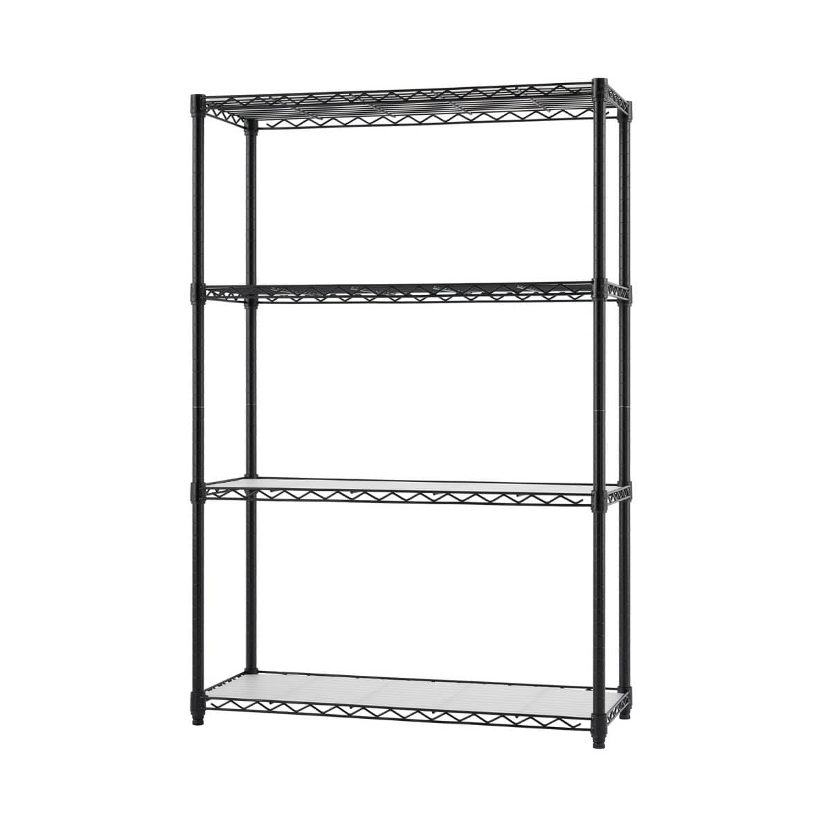 A black, four-tier wire shelving unit stands against a white background. The shelving unit has four horizontal wire shelves supported by four vertical poles and small, adjustable feet.