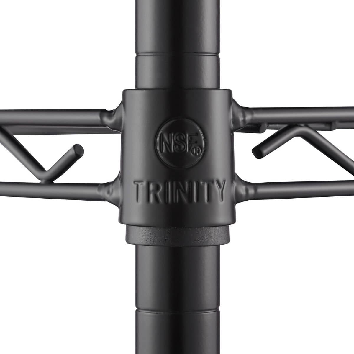 A close-up shows a black metal shelving unit's pole and shelf connection. The connector piece features the "NSF" logo in a circle and the word "TRINITY" embossed below it.