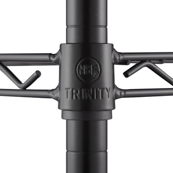 A close-up shows a black metal shelving unit's pole and shelf connection. The connector piece features the 