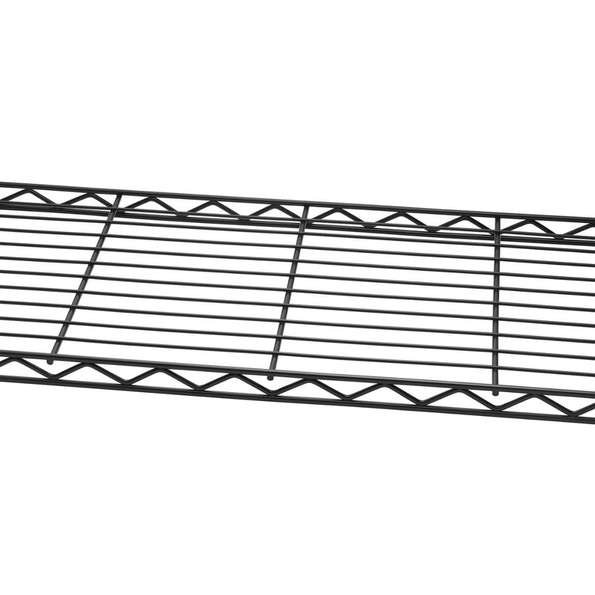 A close-up view shows a black, 36 inch by 14 inch wire shelf. The shelf has a distinctive zigzag pattern along its edges.