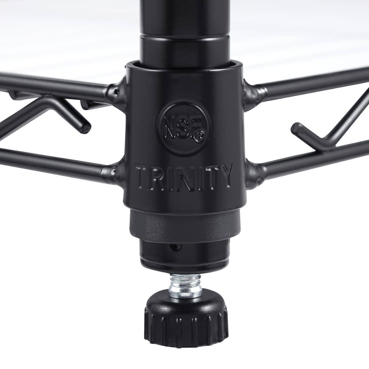 A close-up shows the black metal leg of a TRINITY brand shelving unit. The leg has an adjustable leveling foot with a knurled black knob and a visible silver screw thread.