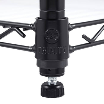 A close-up shows the black metal leg of a TRINITY brand shelving unit. The leg has an adjustable leveling foot with a knurled black knob and a visible silver screw thread.