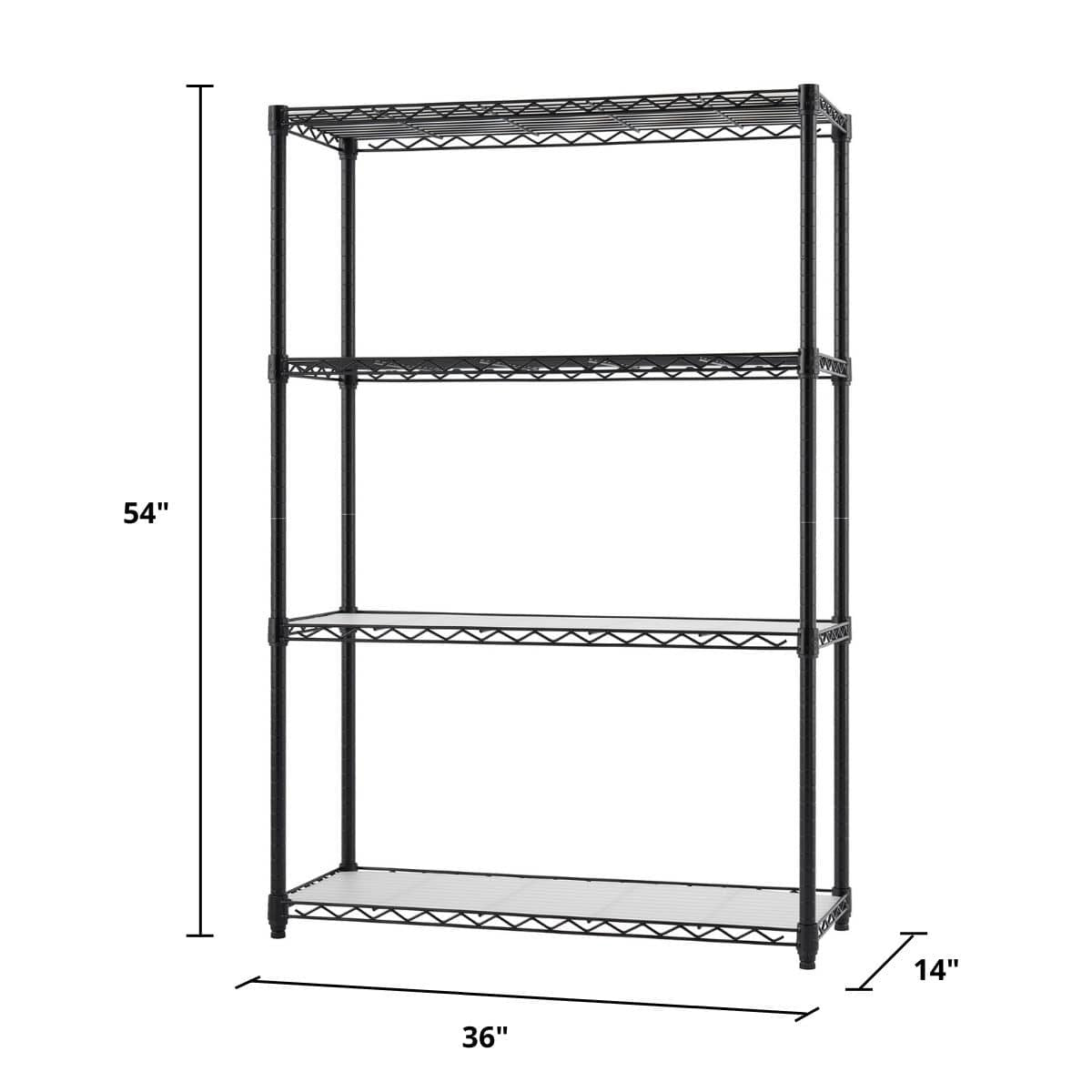 A black, four-tier wire shelving unit stands against a white background, with dimensions indicating it is 54 inches tall, 36 inches wide, and 14 inches deep. The shelves are made of wire mesh, and the frame is slender black metal tubing.