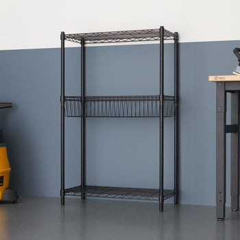 A black wire shelving unit with three tiers stands against a two-tone wall, featuring a basket on the middle shelf. To the left, a yellow wet/dry vacuum is visible, while a workbench and stool are on the right.