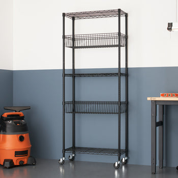 A black, five-tier wire shelving rack with wheels stands against a two-tone wall in a garage setting. The rack includes two wire baskets and is positioned near a vacuum cleaner and a workbench.