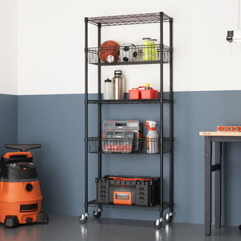A black, five-tier wire shelving rack with wheels is filled with various items, including a basketball, tools, and storage bins. The rack is positioned in a garage with a two-tone blue and white wall, a workbench, and a wet/dry vacuum cleaner.