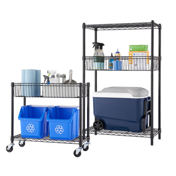 Two black wire shelving units are shown on a white background. The unit on the left has two blue recycling bins on the bottom shelf, a wire basket on the middle shelf, and a roll of paper towels and cleaning supplies on the top shelf. The unit on the right has a large blue cooler on the bottom shelf, a wire basket on the middle shelf containing various items, and a roll of paper towels on the top shelf.