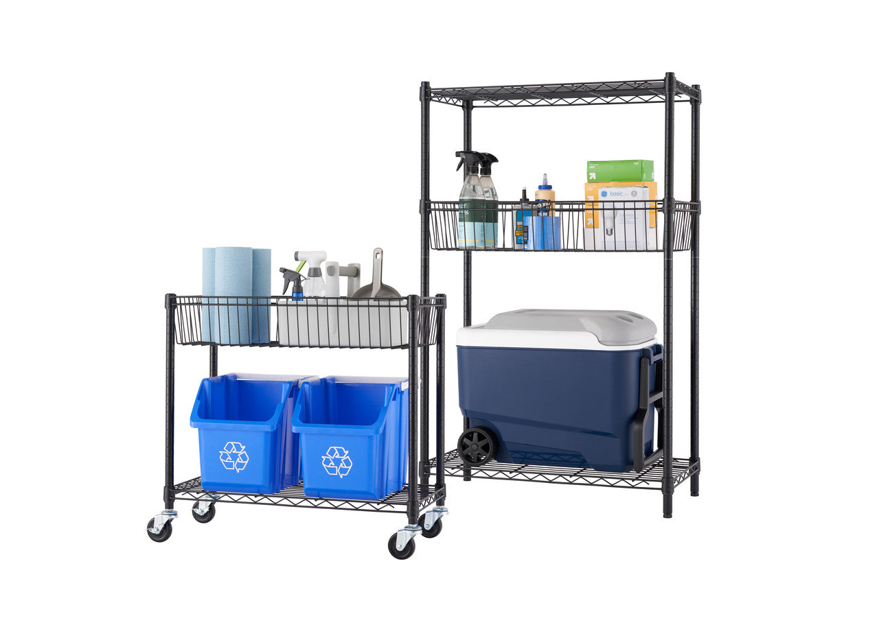 Two black wire shelving units are shown on a white background. The unit on the left has two blue recycling bins on the bottom shelf, a wire basket on the middle shelf, and a roll of paper towels and cleaning supplies on the top shelf. The unit on the right has a large blue cooler on the bottom shelf, a wire basket on the middle shelf containing various items, and a roll of paper towels on the top shelf.