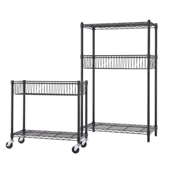 A product shot of two black wire shelving units on a white background. The unit on the left is shorter with two shelves and casters, while the unit on the right is taller with three shelves and stationary feet. Each unit has a wire basket on the middle shelf.