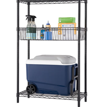 A three-tier black wire shelving unit that is the upper part of a split five tier shelf is shown against a white background. The shelves hold various items including cleaning supplies, boxes, and a blue cooler with wheels.