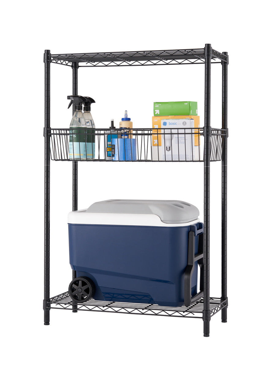 A three-tier black wire shelving unit that is the upper part of a split five tier shelf is shown against a white background. The shelves hold various items including cleaning supplies, boxes, and a blue cooler with wheels.