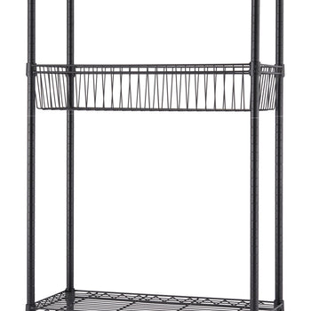 A black wire shelving unit with three tiers that is part of a five tier shelf, featuring two flat shelves and one basket-style shelf in the middle. The unit is photographed against a white background, showcasing its simple and functional design.