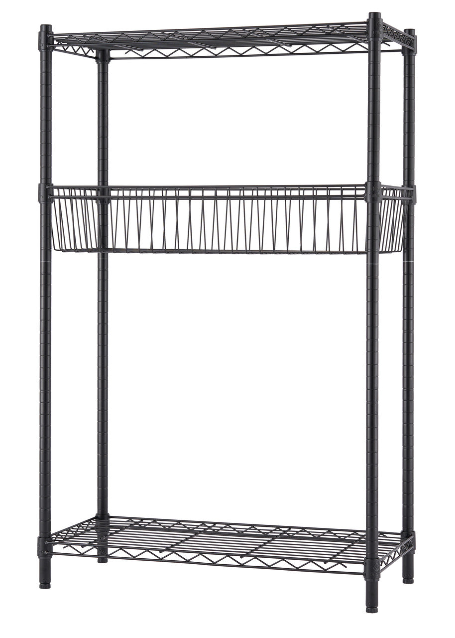 A black wire shelving unit with three tiers that is part of a five tier shelf, featuring two flat shelves and one basket-style shelf in the middle. The unit is photographed against a white background, showcasing its simple and functional design.