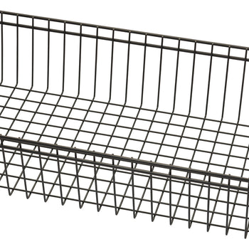 A close-up shot of a black wire basket with a grid pattern, angled slightly to show its depth. The basket's wires are thin and evenly spaced, creating a series of square openings.