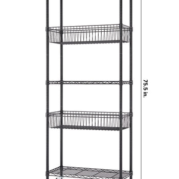 A tall, black wire shelving unit with four shelves, two of which are baskets, is shown against a white background. The unit has wheels on the bottom and its dimensions are labeled: 30 inches wide, 14 inches deep, and 75.5 inches tall.