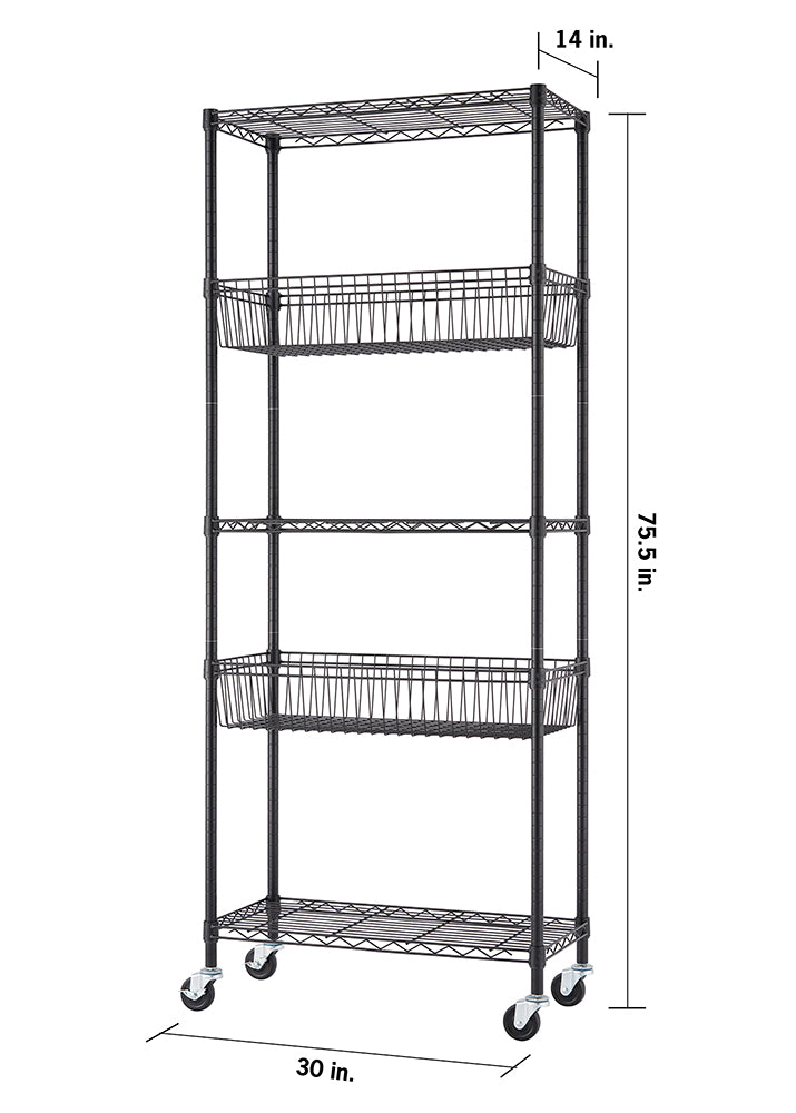 A tall, black wire shelving unit with four shelves, two of which are baskets, is shown against a white background. The unit has wheels on the bottom and its dimensions are labeled: 30 inches wide, 14 inches deep, and 75.5 inches tall.