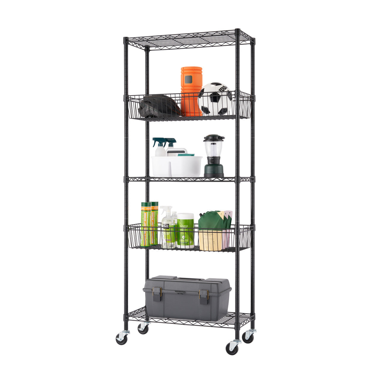 A tall, narrow, black wire shelving unit with five tiers, including two wire basket drawers, is shown against a white background. The shelves are filled with various household items and the unit has wheels for mobility.