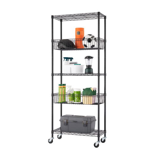 A tall, narrow, black wire shelving unit with five tiers, including two wire basket drawers, is shown against a white background. The shelves are filled with various household items and the unit has wheels for mobility.