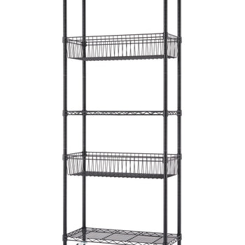 A black wire shelving unit with five tiers, including two wire baskets, on wheels, is shown against a white background. The unit has a simple, industrial design and is photographed at a slight angle.