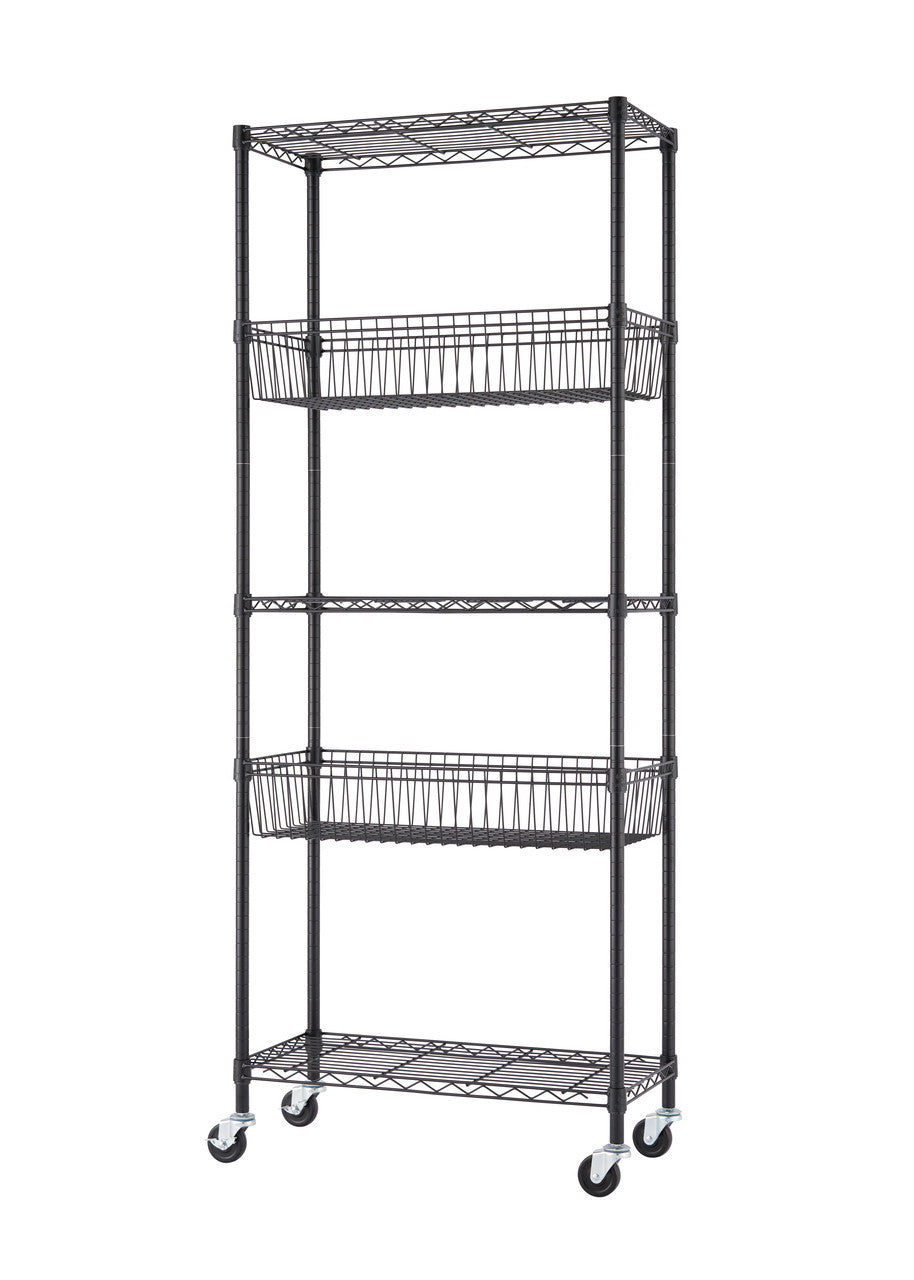 A black wire shelving unit with five tiers, including two wire baskets, on wheels, is shown against a white background. The unit has a simple, industrial design and is photographed at a slight angle.