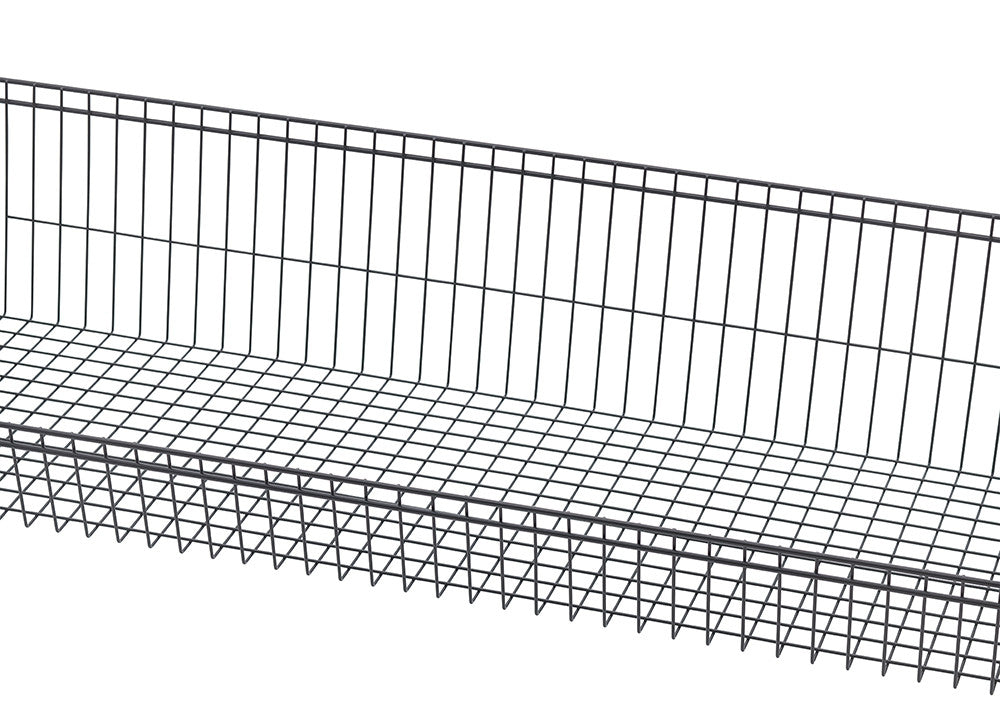 A close-up, angled view of a long, narrow wire basket, likely part of a shelving unit. The basket is constructed from thin, dark-colored wires forming a grid pattern, with a slightly wider wire running along the top edge.