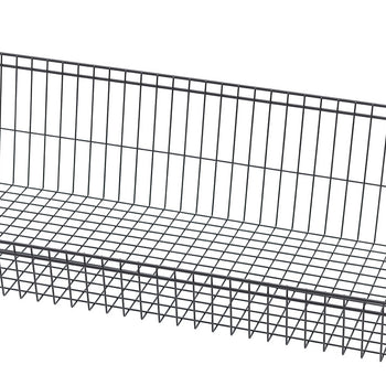 A close-up, angled view of a long, narrow wire basket, likely part of a shelving unit. The basket is constructed from thin, dark-colored wires forming a grid pattern, with a slightly wider wire running along the top edge.